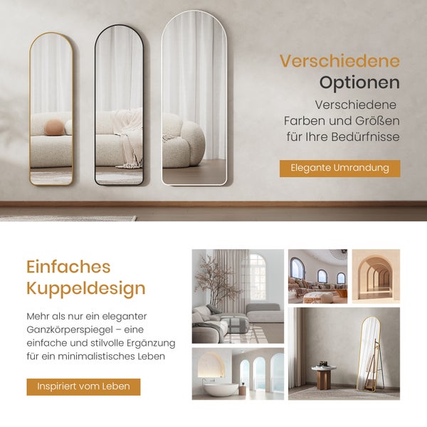 EMKE Bogen Standspiegel 140 x 40 cm, 2-in-1 Ganzkörperspiegel zum Aufstellen oder vertikalen Wandmontage, mit kupferfreiem und rostfreiem Spiegelglas, Aluminiumrahmen in Gold, ideal für Schlaf- und Ankleidezimmer