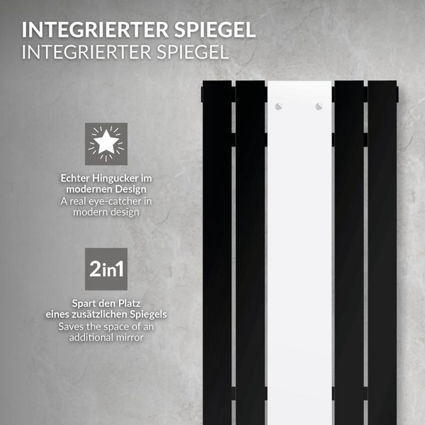 LuxeBath Badheizkörper mit Spiegel Mittelanschluss 1200x450 mm Schwarz Bodenanschlussgarnitur Durchgangsform Multiblock Thermostat Chrom, Paneelheizkörper Vertikal Spiegelheizkörper Glasheizkörper