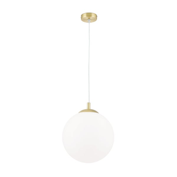 Moderne Pendelleuchte mit kugelförmigem Glasschirm und Elementen aus Metall zur Deckenmontage