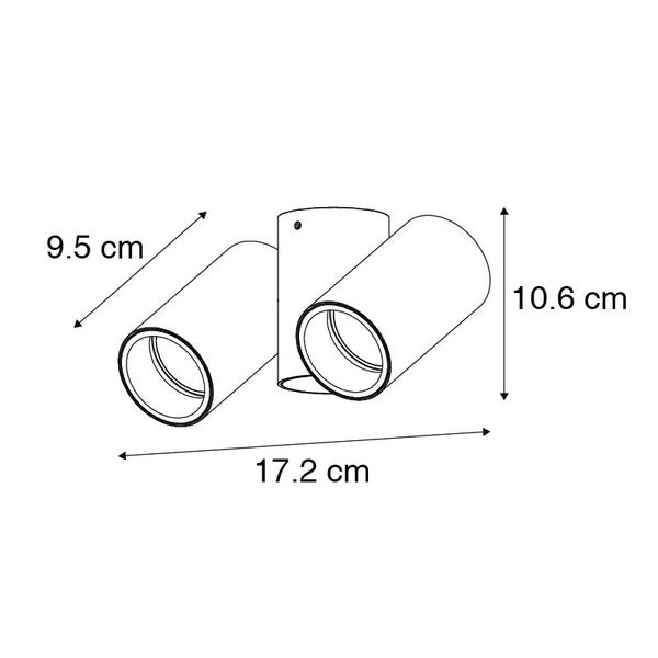 Abbildung der Maße einer Deckenleuchte mit drei Strahlern: 9,5 cm, 10,6 cm und 17,2 cm.