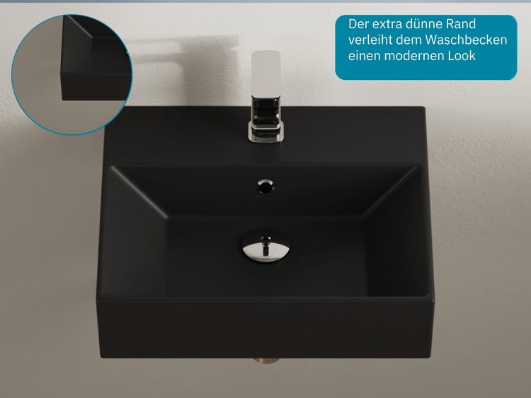 Aqua Bagno Loft Waschbecken KS.AN.50 – 50 x 42 cm – Schwarz Matt – Keramikbecken mit Hahnloch & Überlauf