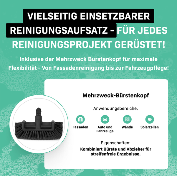 VONROC Teleskop Waschbürste mit Teleskopstiel 1,8m - Ausziehbar Teleskopstangen Reinigung für Fenster, Auto, Solaranlage - inkl. Bürste, Schlauch, Seifenspender