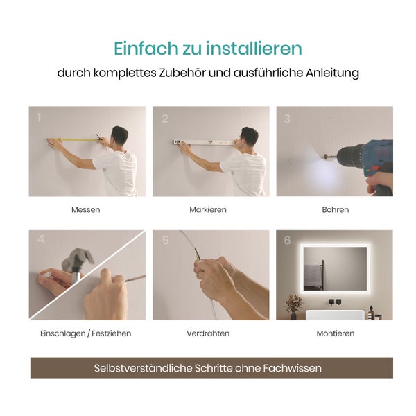 EMKE Badspiegel mit LED-Beleuchtung 70 x 50 cm, beschlagfrei, rostfreier Spiegel, Warmweiß/Kaltweiß, seitlicher Kippschalter, mattierter Rand, IP44, für Bad