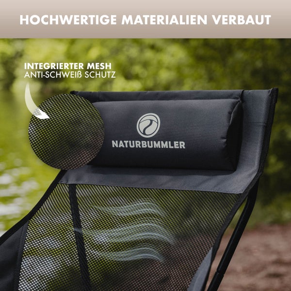 NATURBUMMLER® Kompakter und leichter Campingstuhl [Cloud Light+] mit atmungsaktivem Netzgewebe & hoher Rückenlehne – 100 kg belastbar – Bequemer Campingsessel für Garten, Camping, Angeln & Out