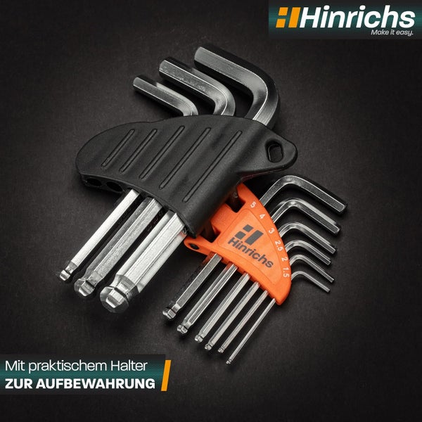 Hinrichs Innensechskantschlüssel-Set aus Metall mit Haltern zur Aufbewahrung in verschiedenen Größen. Hinrichs Logo.