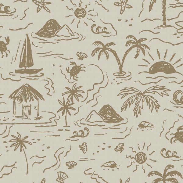 Illustration eines Strandmusters mit Palmen, Sonne, Meer und Hütten