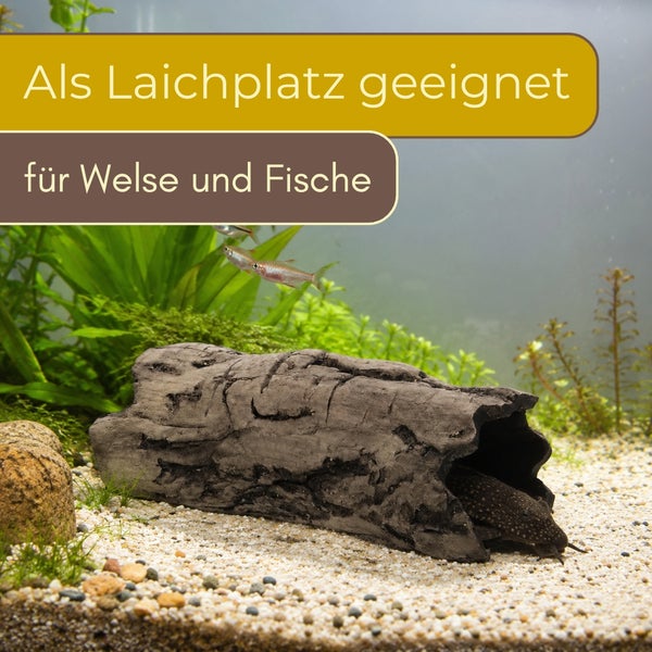 Aquarium-Dekoration in Form eines hohlen Baumstamms, geeignet als Laichplatz für Welse und Fische.