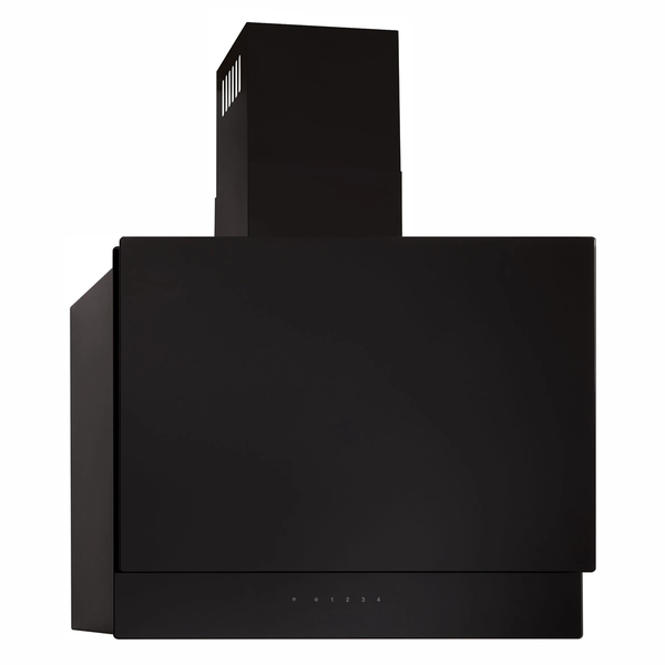 Schwarze Kopffreihaube aus Glas mit Kamin und Touch-Bedienung.