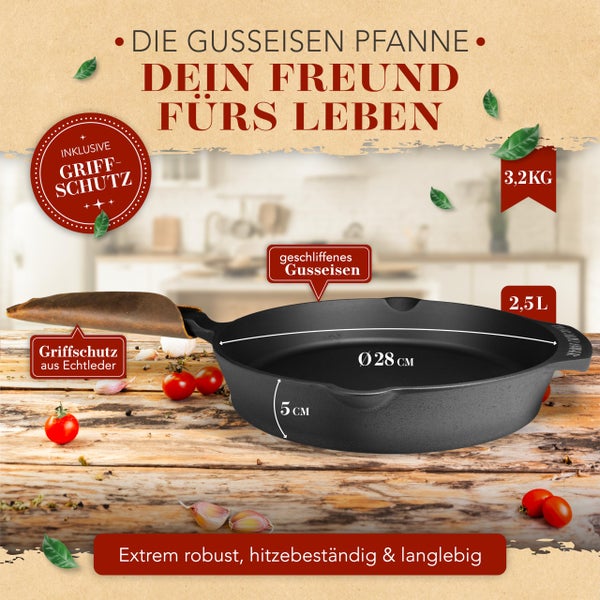 KRUSTENZAUBER 28cm Gusseisenpfanne Induktion - Fein Geschliffene Gusseisen Pfanne - Ideale Grillpfanne Induktion, Eisenpfanne, Cast Iron Pan, Bratpfanne, Gusseiserne Pfanne Skillet Gusspfanne