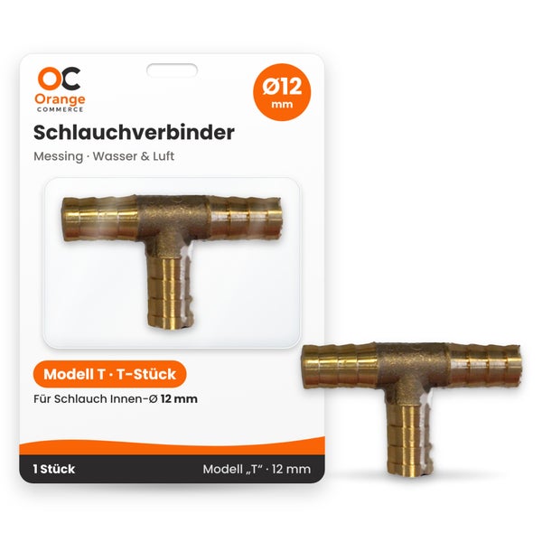 T-Stück Schlauchverbinder aus Messing für 12 Millimeter Schlauchdurchmesser zur Verbindung von Wasser und Luftleitungen