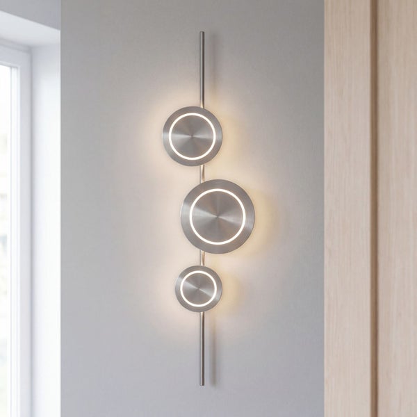 Moderne LED Wandleuchte mit drei runden Metallelementen an einer vertikalen Stange, gebürstete Metalloptik.