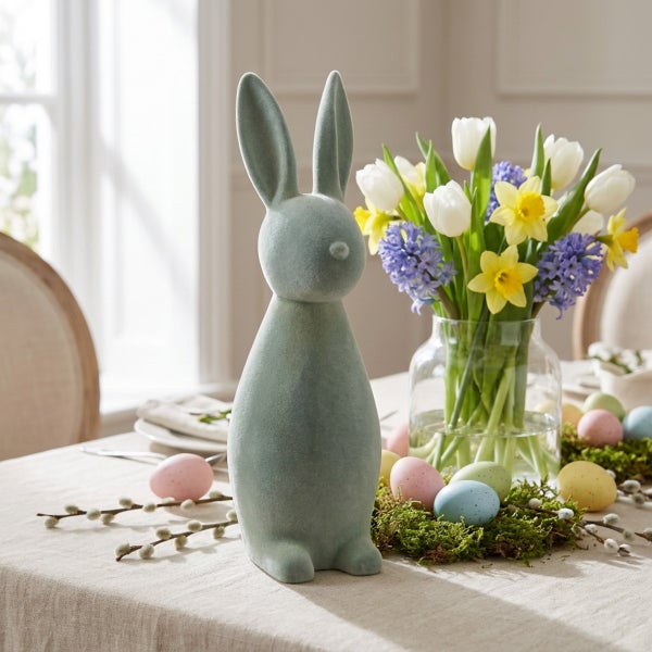 Osterdekoration mit beflockter Osterhasenfigur und Glasvase mit Frühlingsblumen sowie bunten Ostereiern auf einem Tisch.
