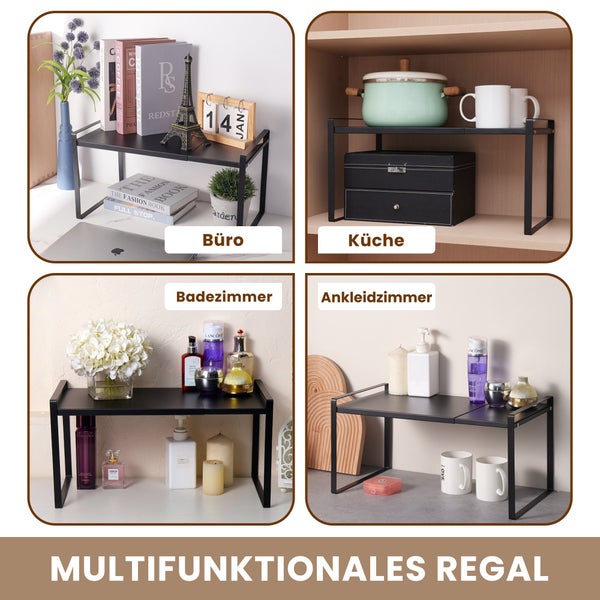 BERLINLODGE Erweiterbares Küchenregal & Schrankregal  | HxBxT 26x37-60x28cm | Schwarz | Küchen Organizer ausziehbar Küchenschrank verstellbar stapelbar