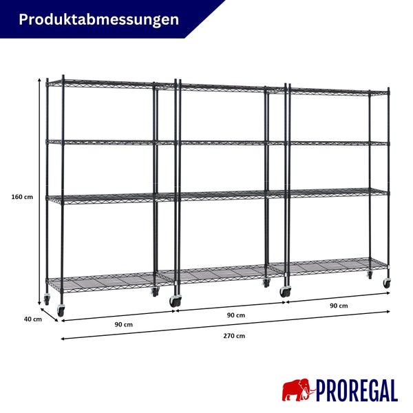 Proregal Logo. Abmessungen für das Metallregal auf Rollen: Breite 270 Zentimeter, Höhe 160 Zentimeter, Tiefe 40 Zentimeter.