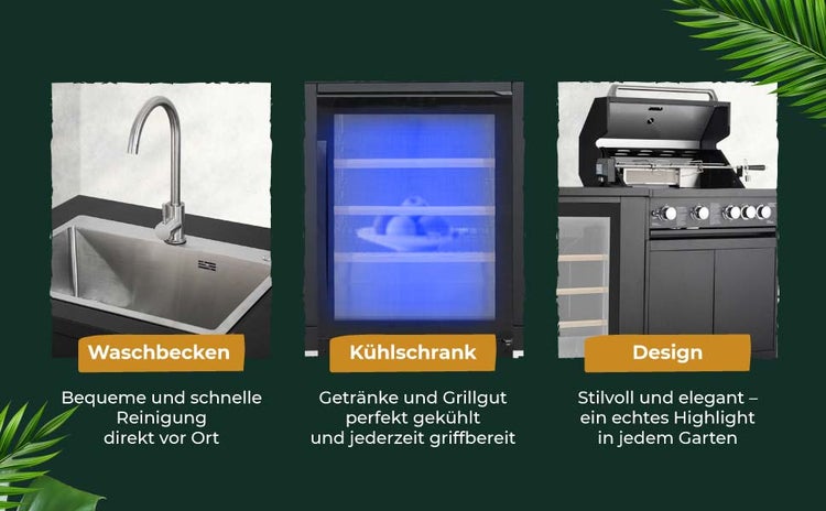 Übersicht einer Außenküche mit Edelstahlwaschbecken, integriertem Kühlschrank mit Beleuchtung und schwarzem Gasgrill.