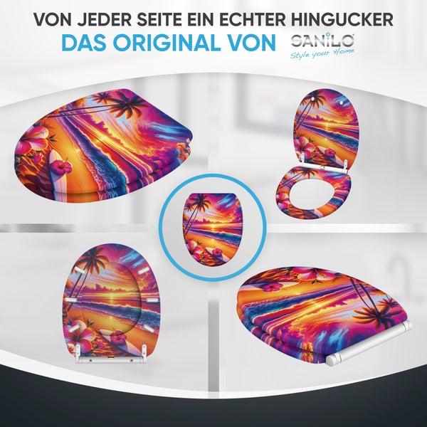 Sanilo WC Sitz mit tropischem Strand Motiv und Palmen bei Sonnenuntergang in verschiedenen Ansichten.