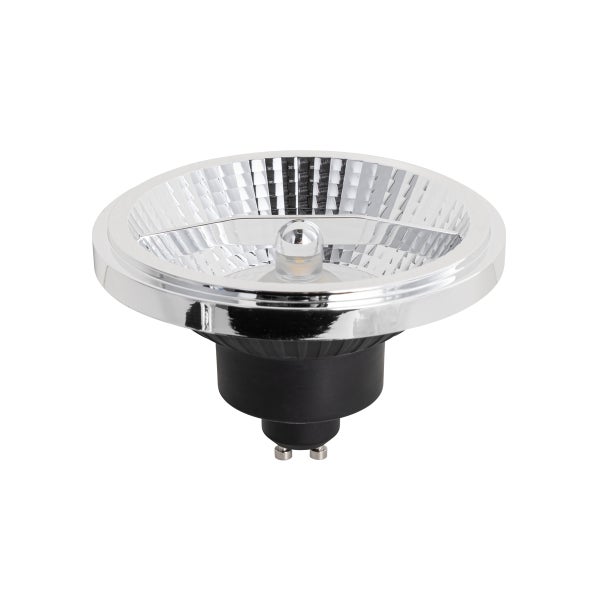 LED-Reflektorlampe mit GU10-Sockel, schwarzem Gehäuse und silberfarbenem facettiertem Reflektor.