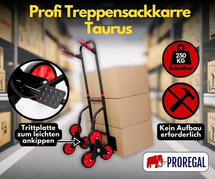 PROREGAL Klappbarer Profi-Treppensteiger TAURUS 250 HxBxT 115 x 52 x 63 cm Traglast 250 kg Stahlrahmen Ergonomische Griffe TPR-Gummiräder Rot-Schwarz