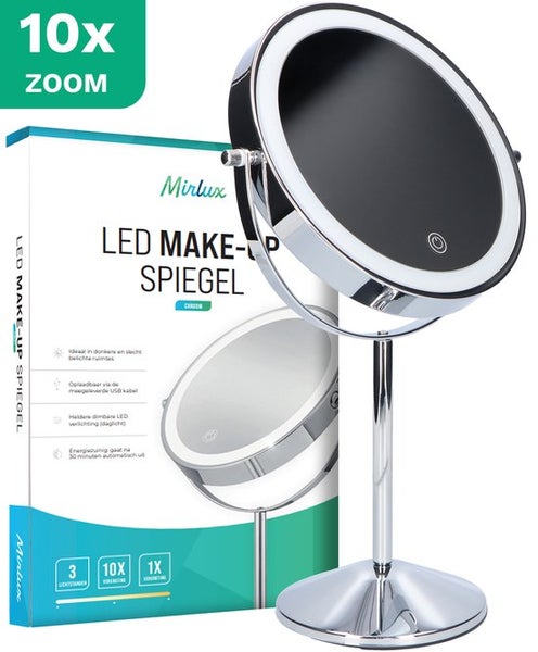 Mirlux Kosmetikspiegel mit LED Beleuchtung 10fache Vergrößerung  Rund 3 Lichtstufen Wiederaufladbar Chrom