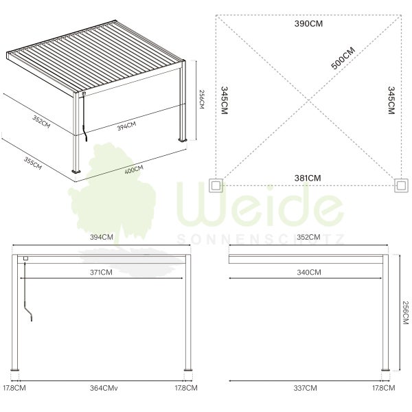 Weide Deluxe Wandpergola 3,6 x 4 M - Voll-Aluminium, Lamellendach, Weiß