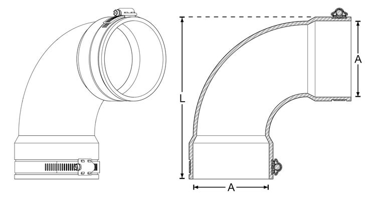 CRASSUS Flexibler Bogen CFB 090 (90°, 78-90, 3''), CRA15068, zur Verbindung zweier Abwasserrohre von gleichen Außendurchmesser