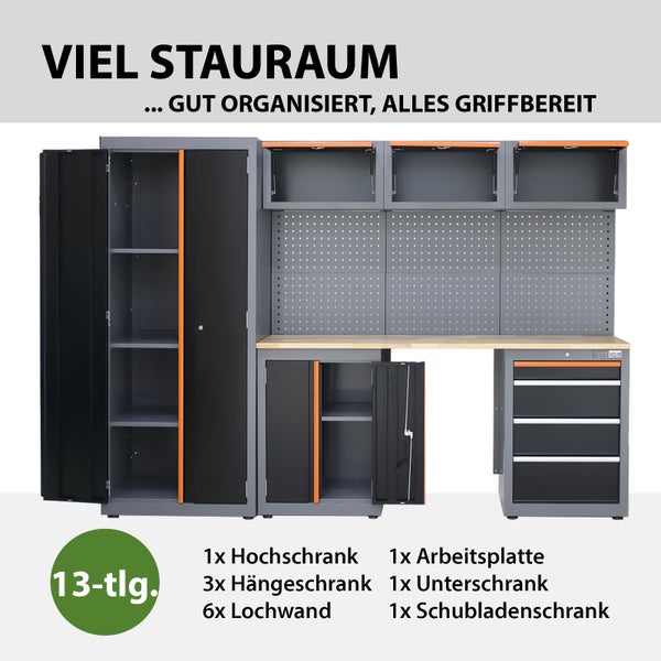 Werkstatteinrichtung mit Hochschrank, Hängeschränken, Lochwand, Arbeitsplatte, Unterschrank und Schubladenschrank