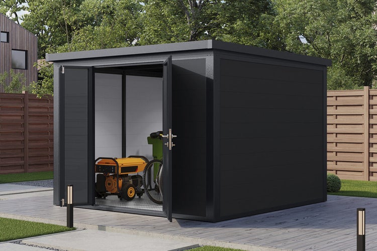 Modernes Gartenhaus mit Flachdach und Doppeltür auf einer Terrasse stehend mit gelbem Stromerzeuger und Fahrrad im Inneren.
