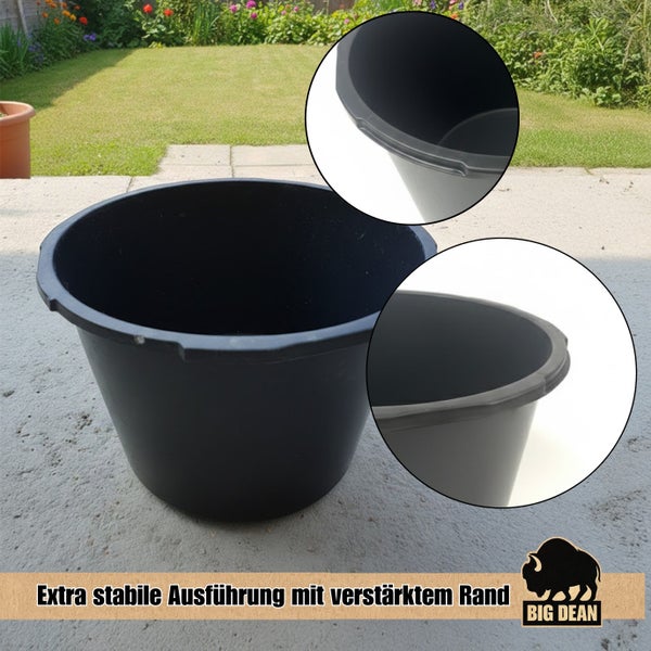 Runder Mörtelkübel aus Kunststoff mit verstärktem Rand für hohe Stabilität im Garten und auf der Baustelle, Big Dean Logo.
