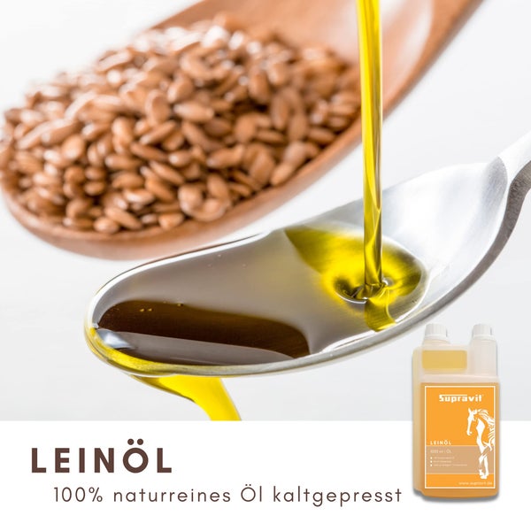 Leinöl wird in einen Löffel gegossen, im Hintergrund Leinsamen und die Supravit Öl Flasche