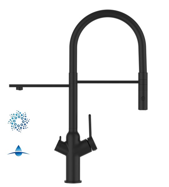 4 Wege Wasserhahn Küchenarmatur, BOD, mit 360° schwenkbarem Auslauf, abnehmbare 2 strahl Handbrause, Schwarz Matt / Schwarz