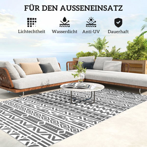 Outsunny Outdoor Teppich robuster Wetterfest Outdoorteppich, faltbar Carpet mit Boho-Style, Outdoor-Teppich für Wohnzimmer Balkon Garten Terrasse Bad Flur Küche, 182 x 274 cm Dunkelgrau+Weiß