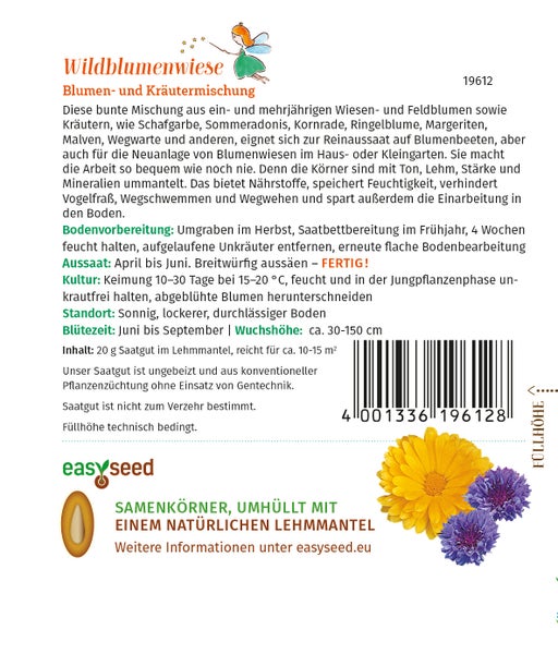 Rückseite der Verpackung für Wildblumenwiese Blumen- und Kräutermischung mit Informationen zu Aussaat, Pflege und Inhalt.