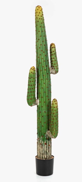 Künstlicher Kaktus im Saguaro-Stil mit drei Armen in einem schwarzen Kunststofftopf.