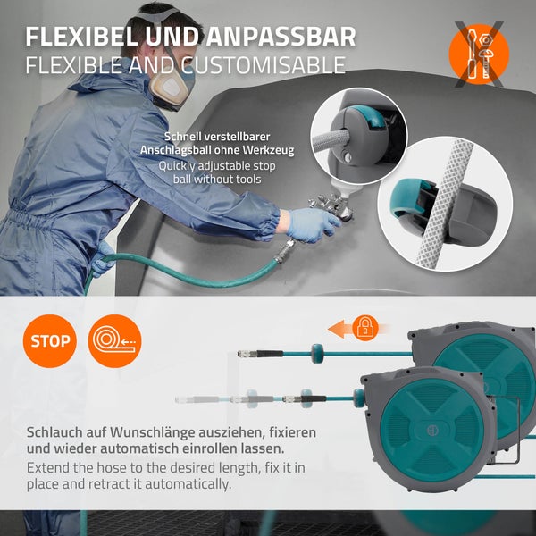 Druckluftschlauchaufroller mit werkzeuglosem Anschlagsball und automatischer Aufrollfunktion für flexible Handhabung beim Lackieren.