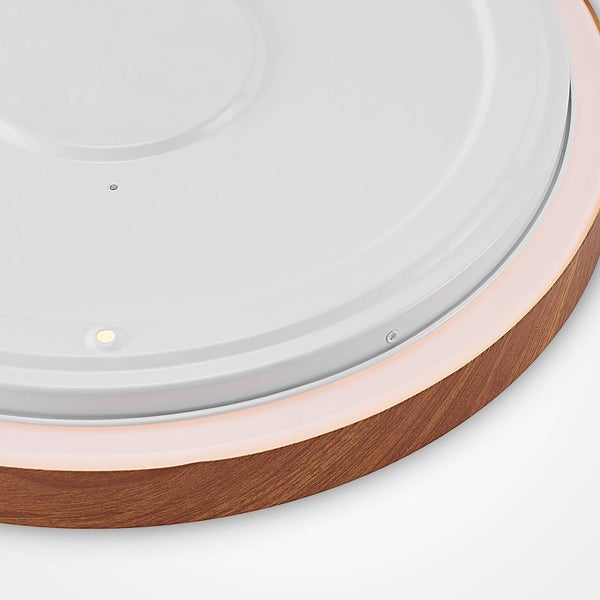 Runde LED-Deckenleuchte mit Gehäuse in Holzoptik und weißer Abdeckung.