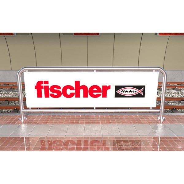 Fischer Logo an einem Bahnhof Bahnsteig