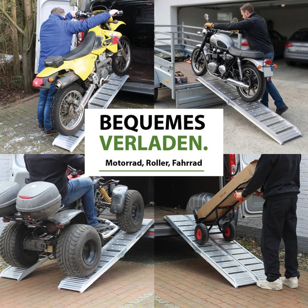 Metallverladerampe zum Beladen von Motorrädern, Rollern, Fahrrädern und anderen Fahrzeugen auf Anhänger oder in Transporter.
