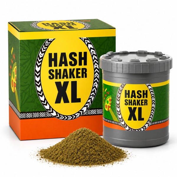 Hash Shaker XL Set mit Kunststoff-Siebbehälter, Verpackungskarton und einer Probe des extrahierten Materials.