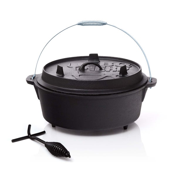 BBQ-Nerd Dutch Oven Professional 7,3L mit Füßen | bereits eingebrannt - preseasoned | Gusseisen Feuertopf mit Deckel und integr. Bratpfanne | Feuerfester Grill & Camping Kochtopf inkl. Deckelheber