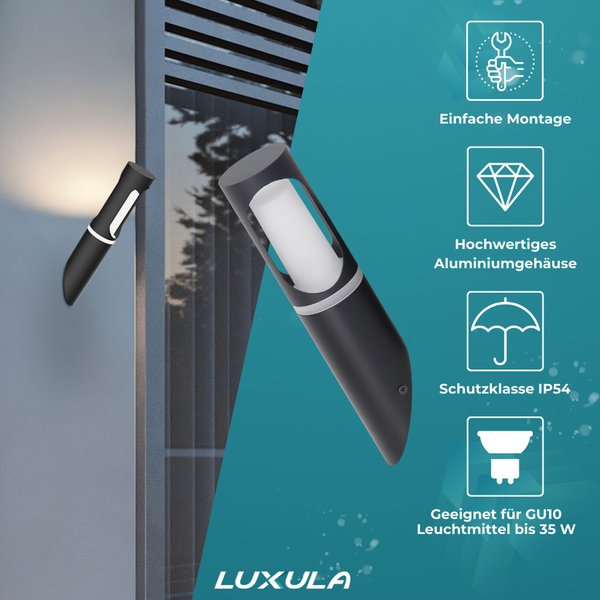 Luxula Wandleuchte aus Aluminium, geeignet für GU10 Leuchtmittel bis 35 Watt, Schutzklasse IP54, einfache Montage