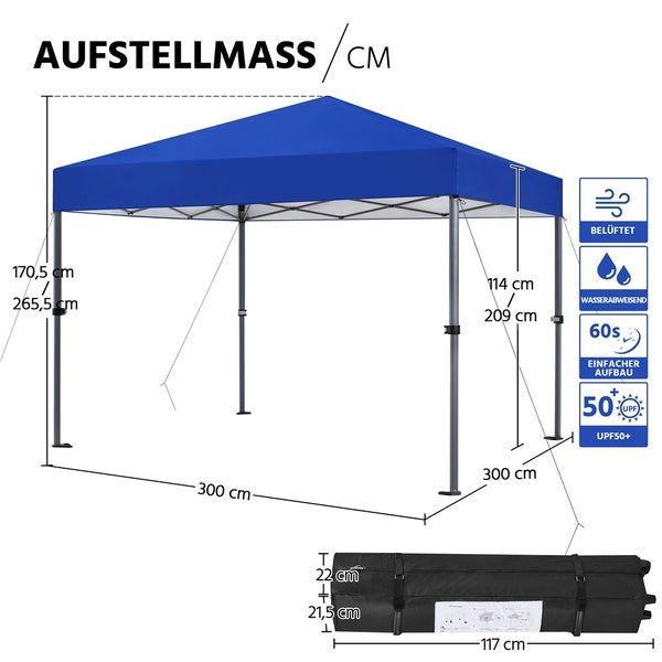 Abbildung eines Pavillons mit Aufbaumaßen und Produkteigenschaften