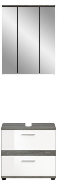Badezimmermöbel-Set bestehend aus einem dreitürigen Spiegelschrank und einem Waschbeckenunterschrank mit zwei Schubladen in Weiß und Grau.
