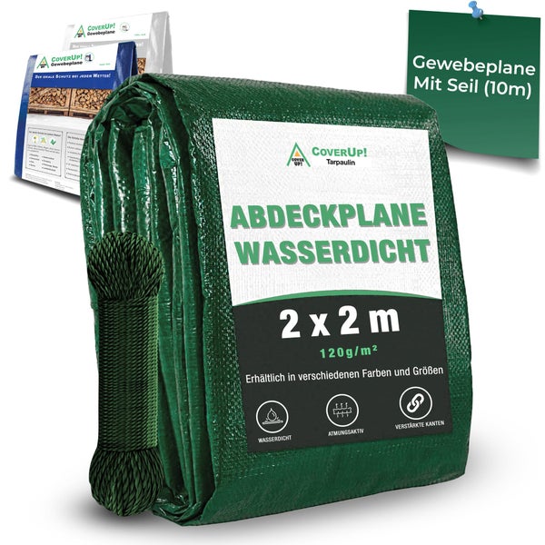 CoverUp! (2x2 m) Gewebeplane - Farbe: Grün, 120g/m² - Beständigkeit durch verstärkte Gummiecken & rostfreie Ösen - Abdeckplane mit UV-Schutz - Plane inkl. 10m Seil