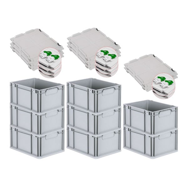 PROREGAL Spar Set 8x Eurobox Nextgen Economy Mit Scharnierdeckel & Grünen Schiebeschnappverschlüsse Griffe Geschlossen HxBxT 22 x 30 x 40 cm 20 Liter