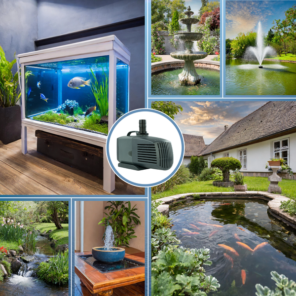 Collage einer Wasserpumpe in verschiedenen Anwendungen wie Aquarium, Gartenteich mit Fischen, Springbrunnen und Bachlauf.