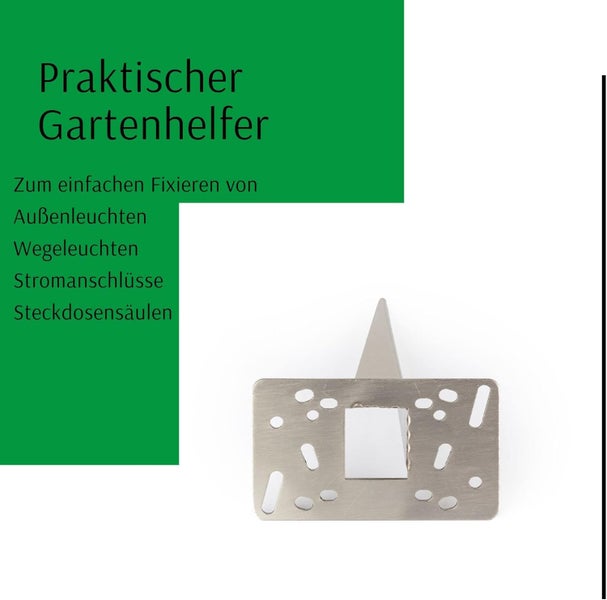 Erdspieß und Montageplatte aus Metall zum Fixieren von Außenleuchten, Wegeleuchten und Steckdosensäulen im Garten.