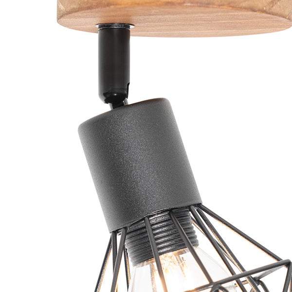Deckenleuchte mit Holzsockel und schwarzem Metallschirm