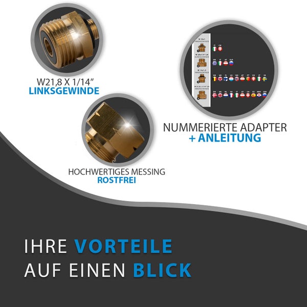 PELMOS Gasanschluss Adapter I 4 teiliges Gasflaschen Adapter - Set für das EU-Ausland I Zum Anschluss von Druckreglern an ausländischen Gasflaschen
