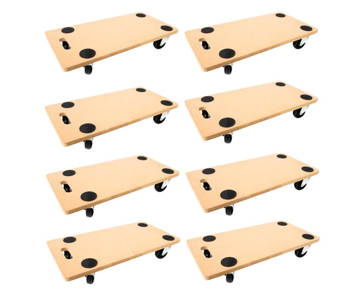 8er-Set Transportroller aus Holz mit vier Lenkrollen und Anti-Rutsch-Punkten.