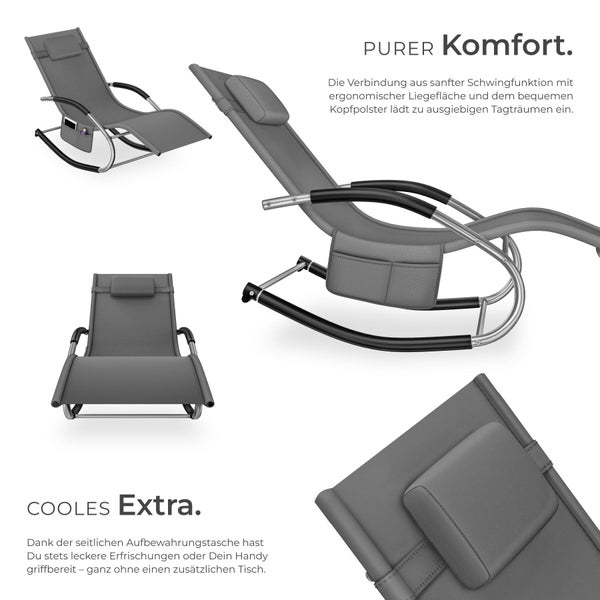 Ergonomische Schaukelliege für den Garten mit Kopfpolster und praktischer Seitentasche, Ansichten aus verschiedenen Perspektiven.